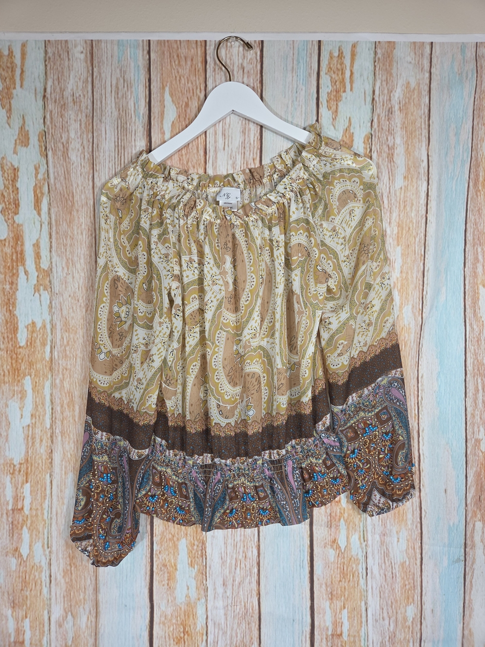 NG The Label Boho Sheer Off-Shoulder Paisley Blouse Turquoise/gold Beads. S
